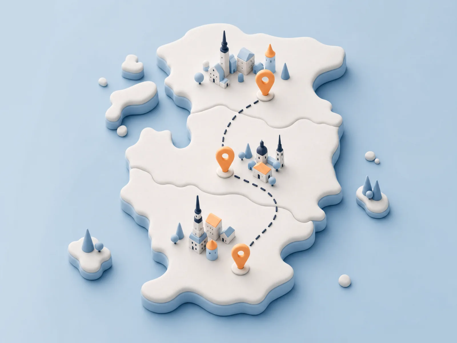 Stylized relief map of the Baltic states with route pins and a dashed freight corridor